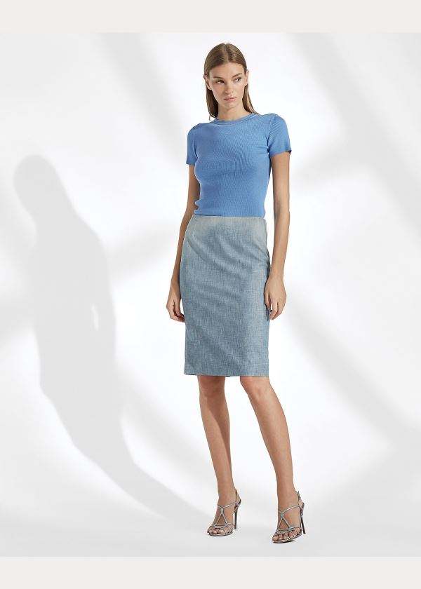 Playeras Ralph Lauren Mujer Azules Claro - Rib-Knit Silk - HBWAQ0136